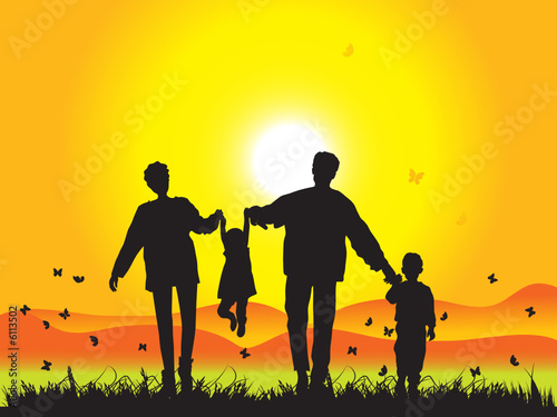 Happy family walks on nature, sunset
