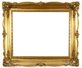 old antique gold frame over white background