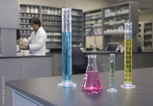 Laboratory glassware sitting on a counter in a laboratory