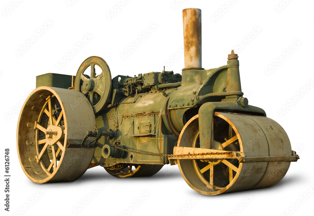 Vintage steam roller isolated on white with clipping path