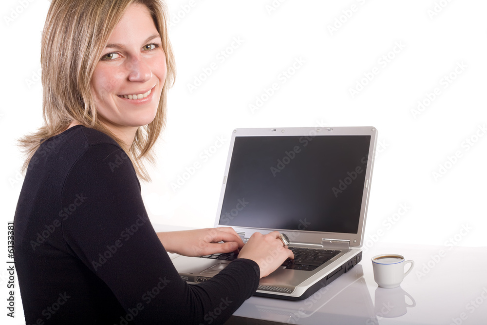 woman typing on laptop keyboard with coffee on desk woman typing on laptop keyboard with coffee on desk