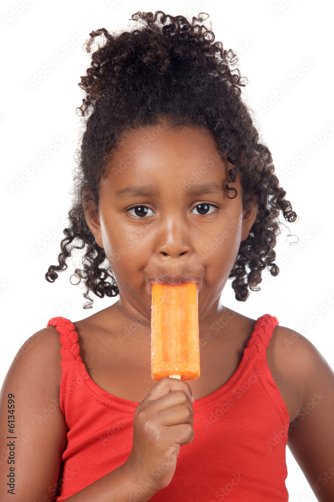 Little girl eating ice cream orange a over white background Little girl eating ice cream orange a over white background