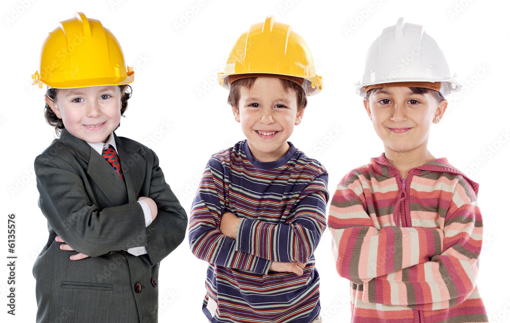 Adorable engineering team a over white background