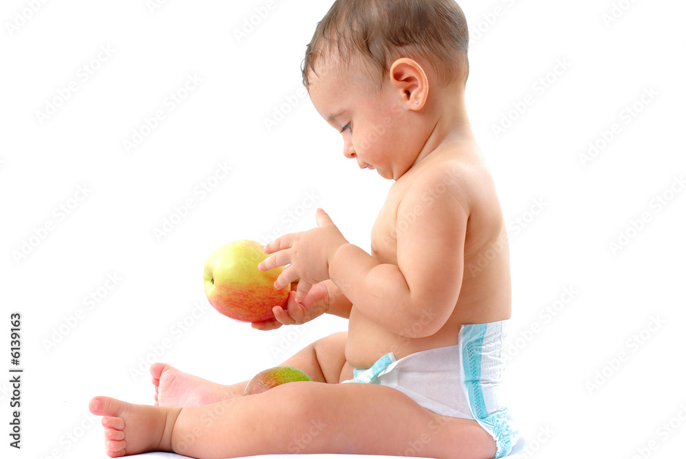 Baby with healthy fruits on white background . Baby with healthy fruits on white background .