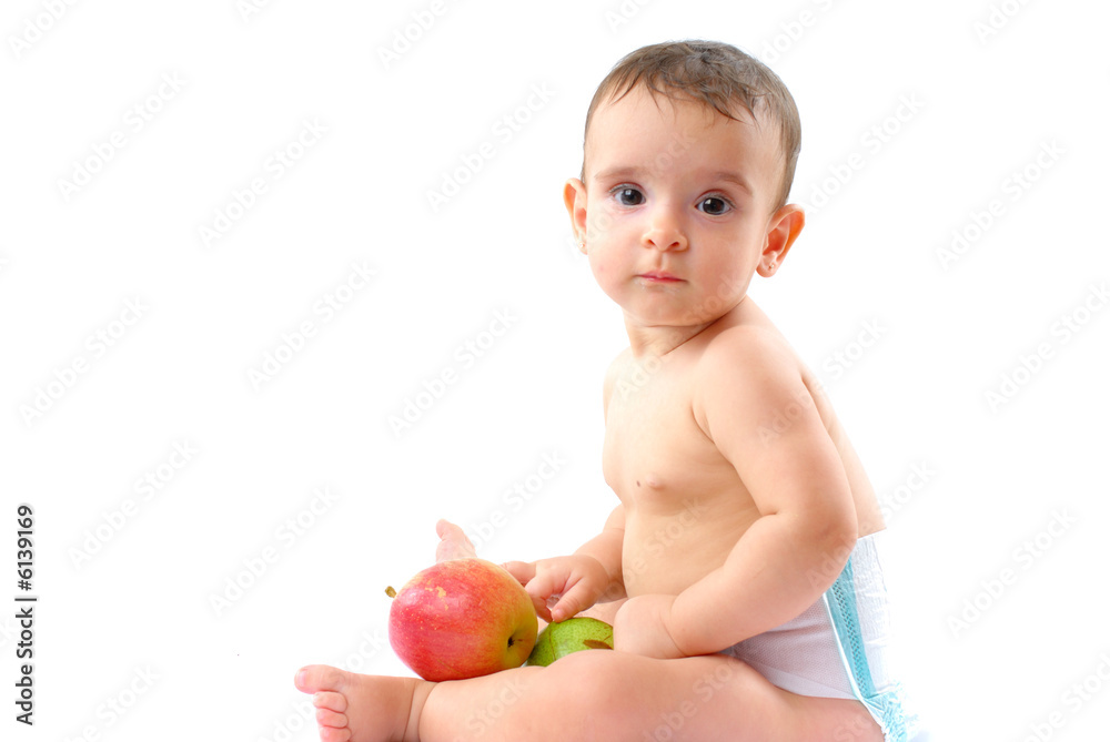 Baby with healthy fruits on white background . Baby with healthy fruits on white background .
