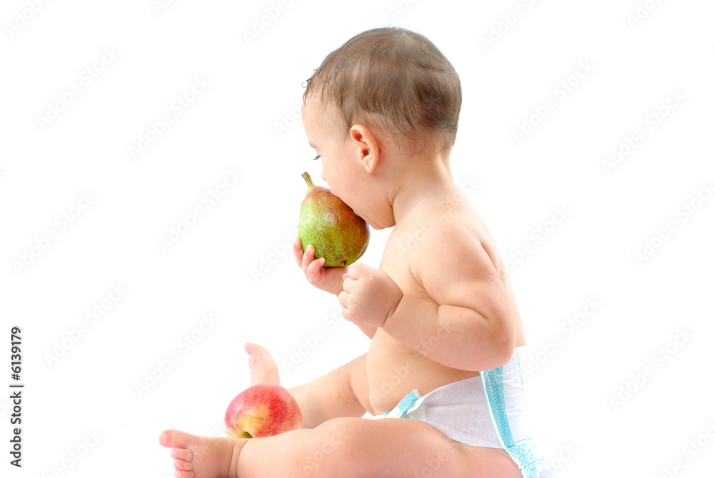 Baby with healthy fruits on white background . Baby with healthy fruits on white background .