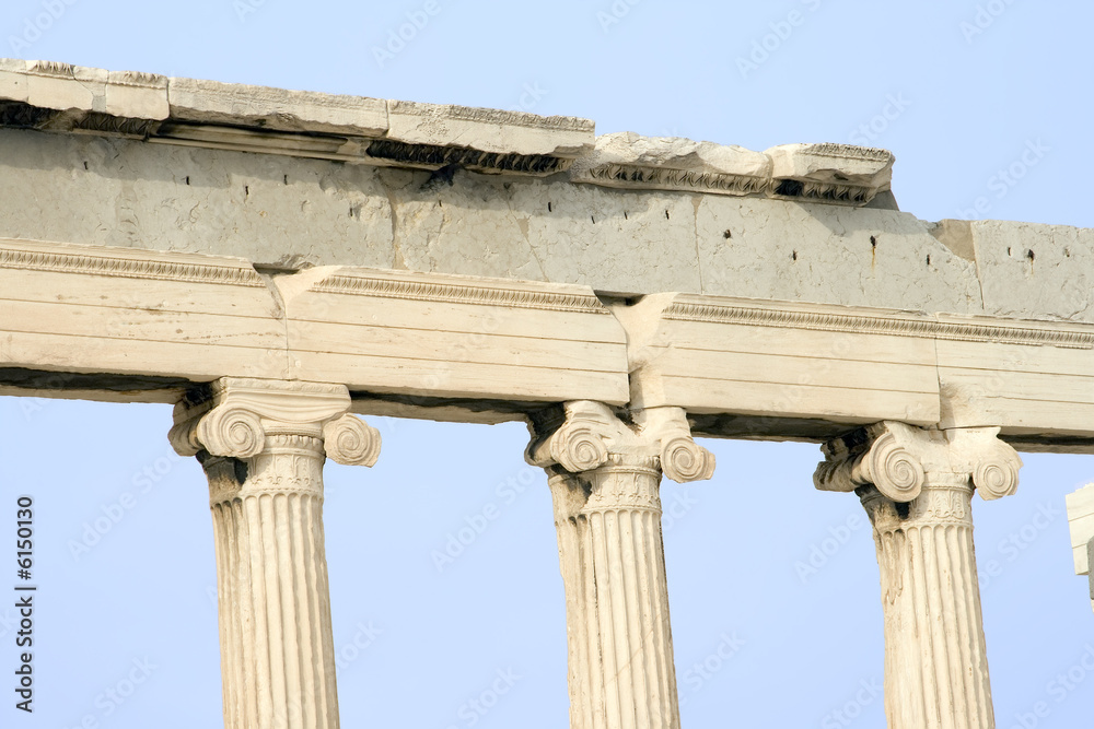 Close up of Erechtheum columns in Athens, Greece. 