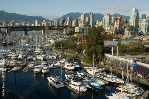Boats in a marina False Creek  Burrard Bridge Vancouver
