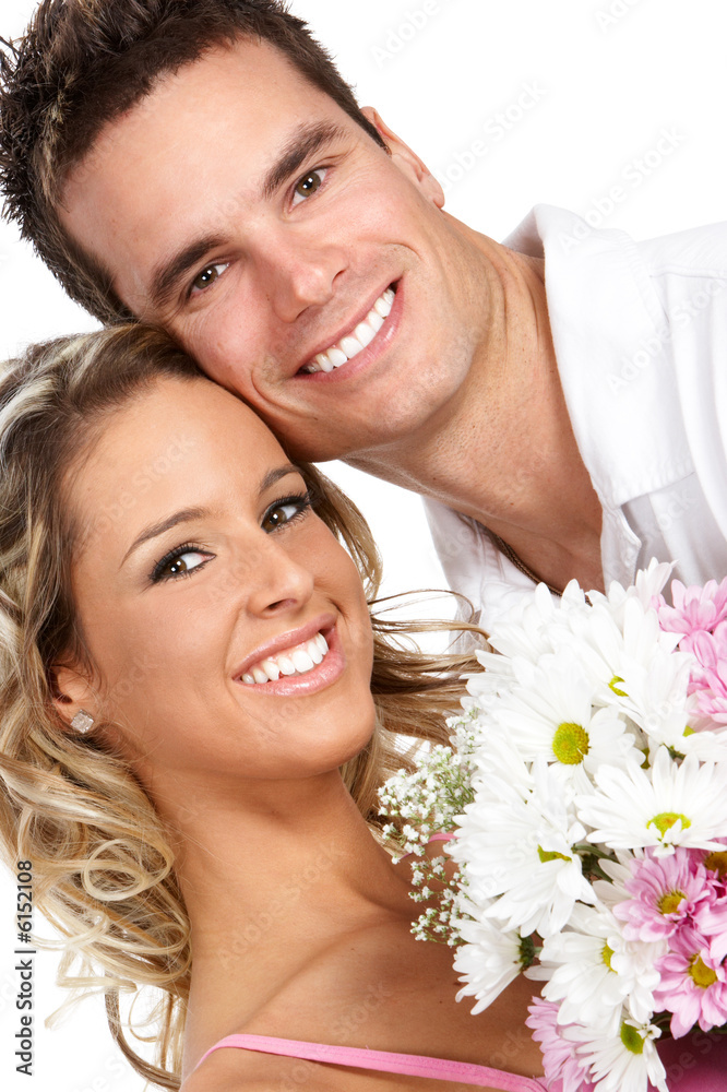 Young love couple smiling. Over white background . Young love couple smiling. Over white background .