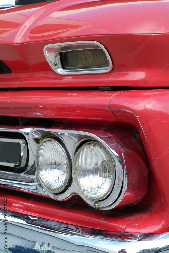 Front detail of red, American pickup truck