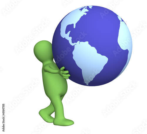 The green 3d person carrying in hands globe
