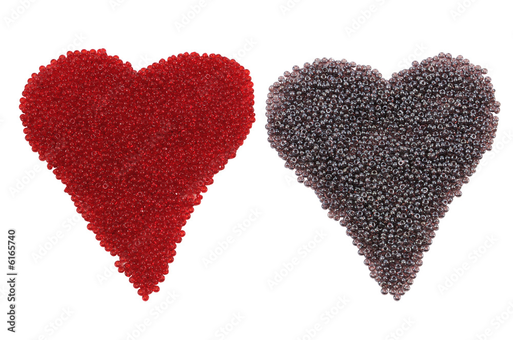 Two color heart shape created with bead,  isolated on white.
