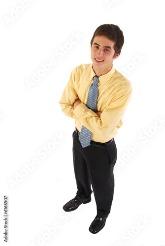 A young man with shirt and tie.