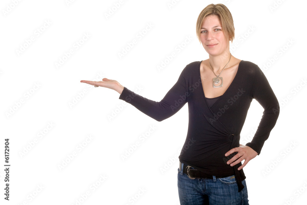 woman wearing jean and presenting hand on white background woman wearing jean and presenting hand on white background