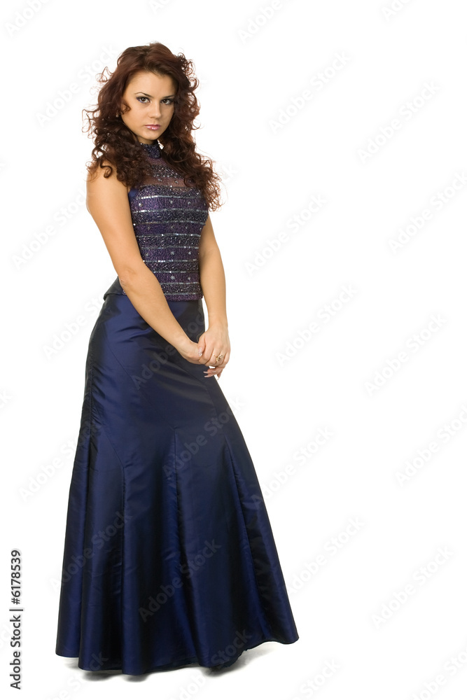 beautiful woman in blue dress with brown eyes under wavy hair