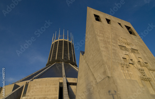 Liverpool Metropolitan Cathedral against a bright blue sky