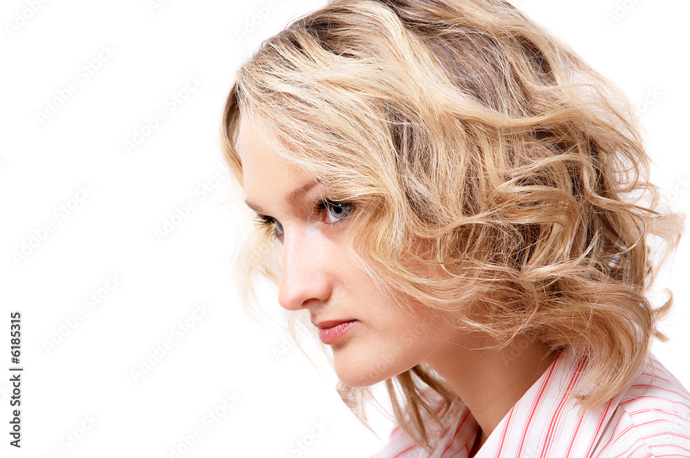 Portrait of blonde girl in pink dress on white background Portrait of blonde girl in pink dress on white background
