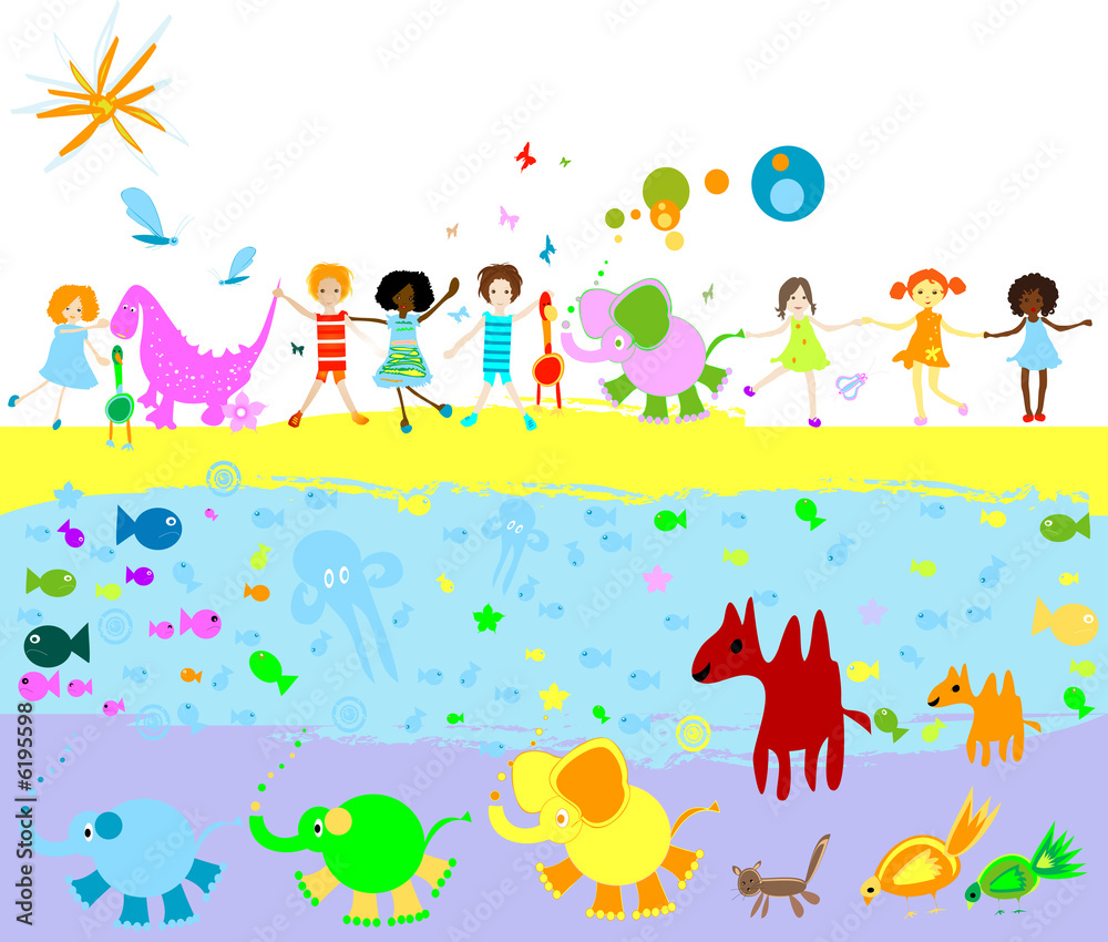 kids, dinosaurs and other little animals on a field kids, dinosaurs and other little animals on a field