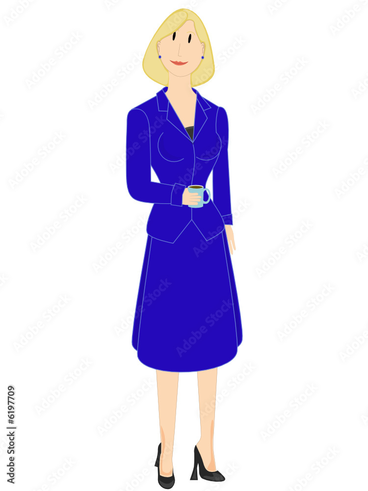 Business woman in blue suit holding a coffee cup. Business woman in blue suit holding a coffee cup.