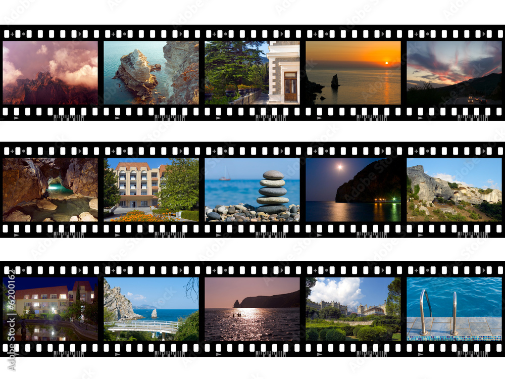 Frames of film, nature and travel, isolated on white background
