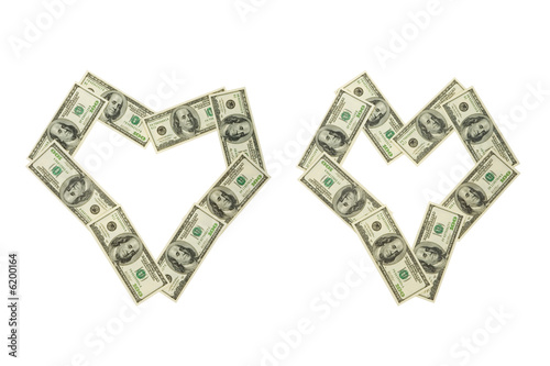 Two money hearts, isolated on white background