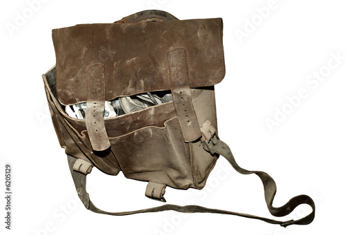 Fotografie Old open tool bag of manual worker, isolated over white