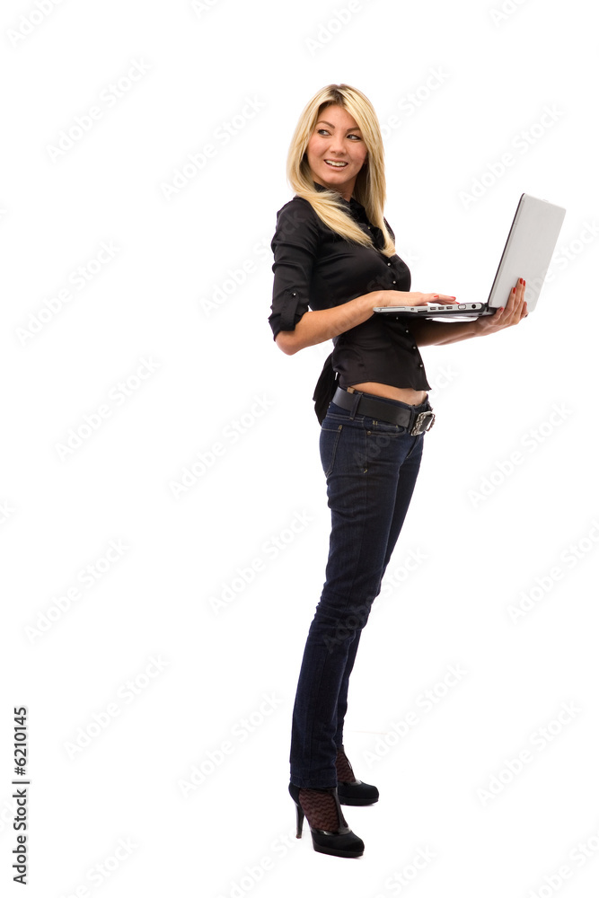 beautiful girl smiling with laptop on white background beautiful girl smiling with laptop on white background