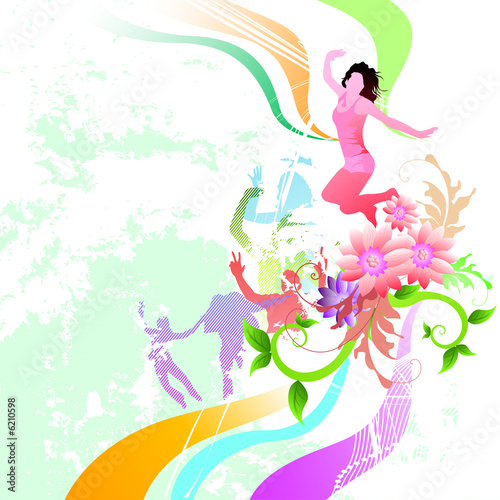 happy people on a floral abstract background.