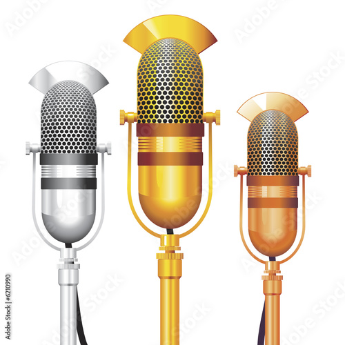 Vector set of gold, silver and bronze Retro Microphones