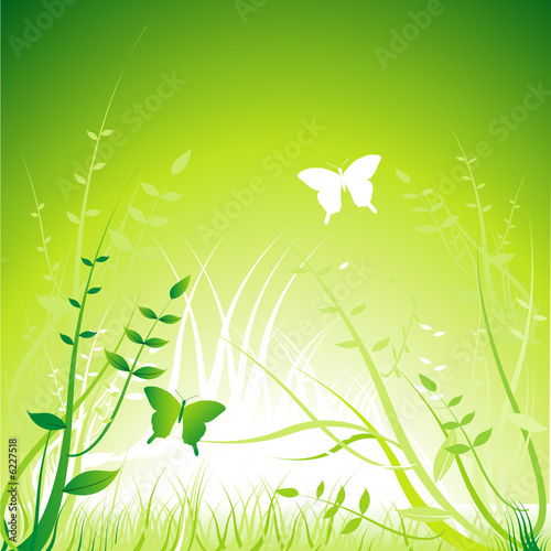 Vector Green Floral Background - spring scene - Illustration silhouettes