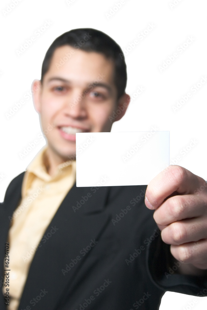 Young man with business card Young man with business card
