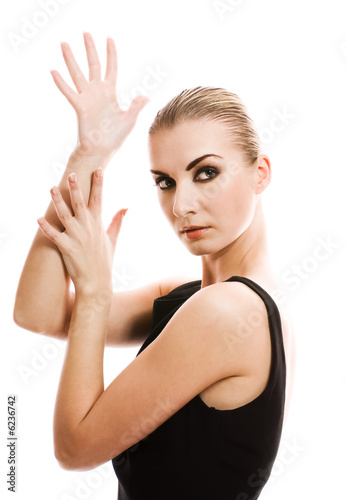 Beautiful young woman on white background