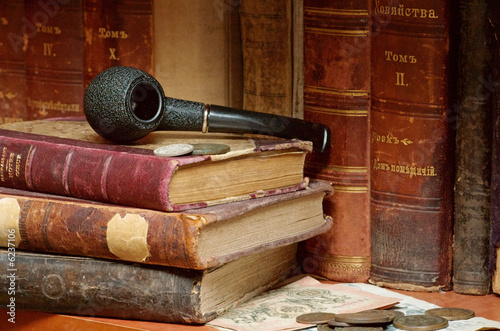 Old russian imperial books smoking pipe and coins