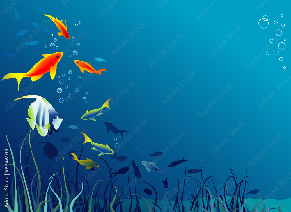 Naklejka premium Sea life. Fish, seaweeds. Space for text. Vector illustration