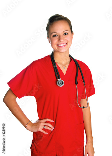 Young Woman in Red Scrubs