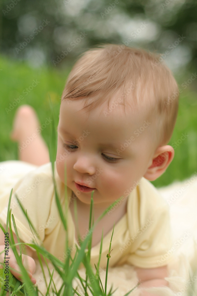 Cute small boy in green grass - he smiles and has fun Cute small boy in green grass - he smiles and has fun