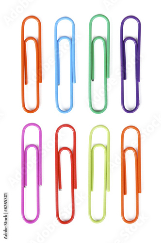 Multi colored paper clips isolated on white background