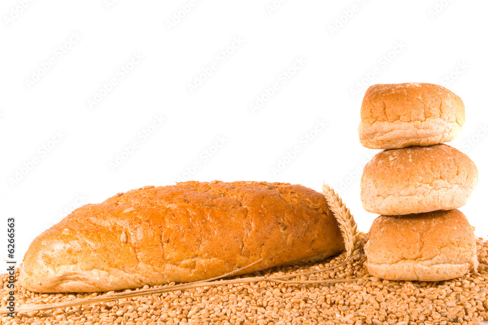 Brown Loaf, Rolls, Ear and Grains of Wheat
