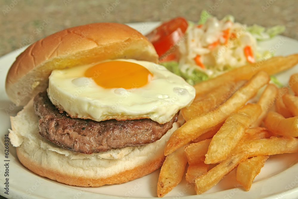 Egg Burger with french fries and coleslaw Egg Burger with french fries and coleslaw