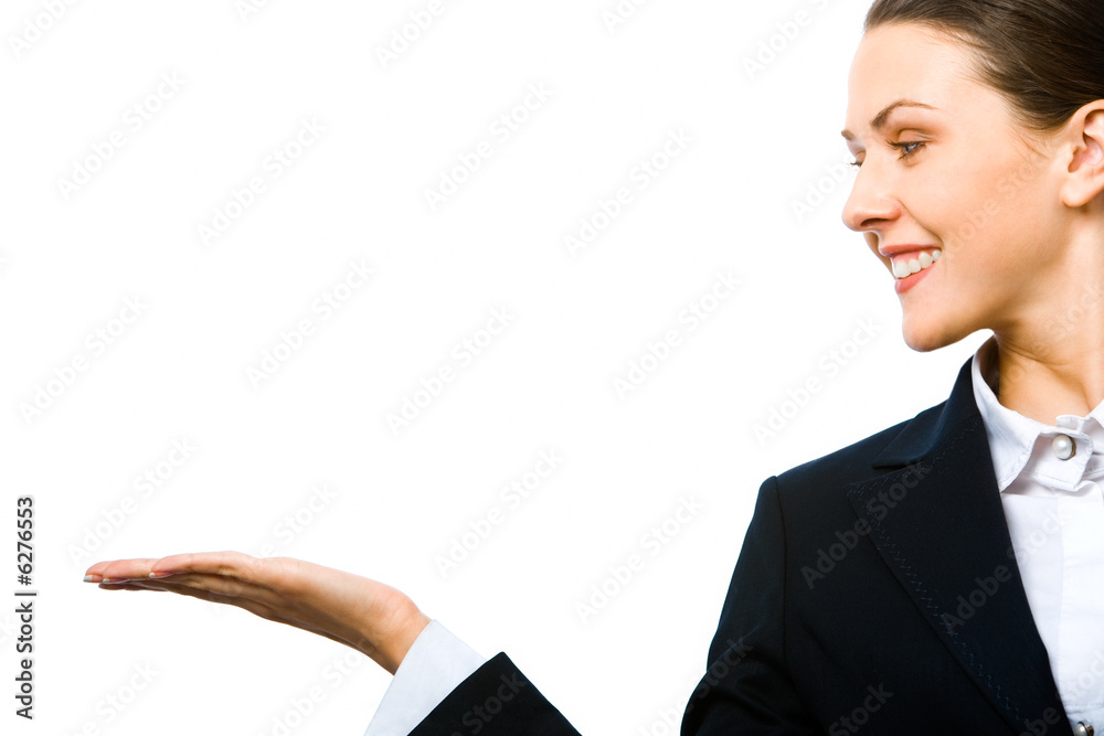 Portrait of young beautiful woman holding elegantly her hand