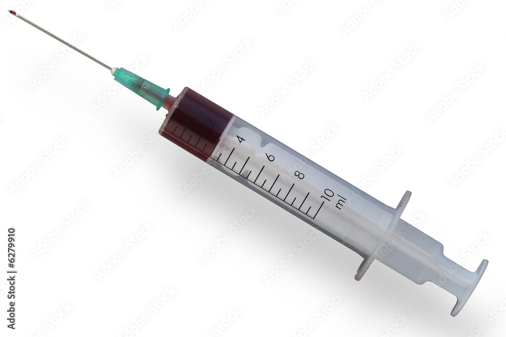 Fototapeta premium Syringe with red liquid isolated on white.
