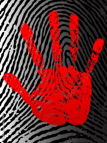 Bloody hand print on the background of fingerprint.