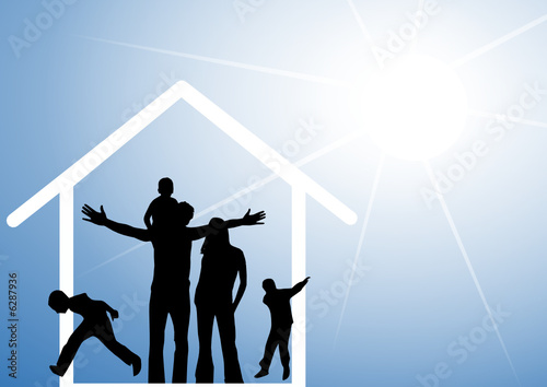 Happy family in the house with sun