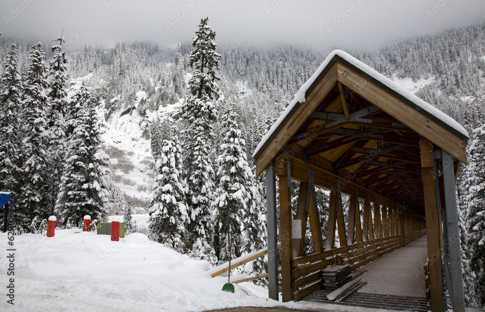 Snowy Wooden Covered Bridge Alpental Snoqualme Pass Washington Snowy Wooden Covered Bridge Alpental Snoqualme Pass Washington