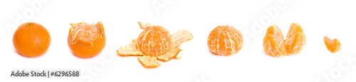 Peeling of a tasty juicy orange tangerine in 6 parts