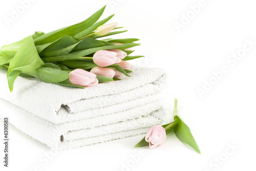 Fototapeta Naklejka Na Ścianę i Meble -  spa feeling (flower and towel). White background.