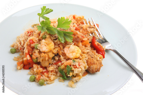 Paella with chicken and king prawns