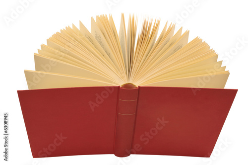 Open red book with yellow pages, isolated white background