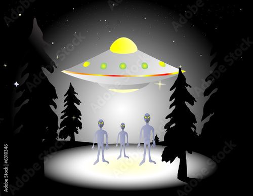 Illustration of aliens and flying saucer in the woods at night