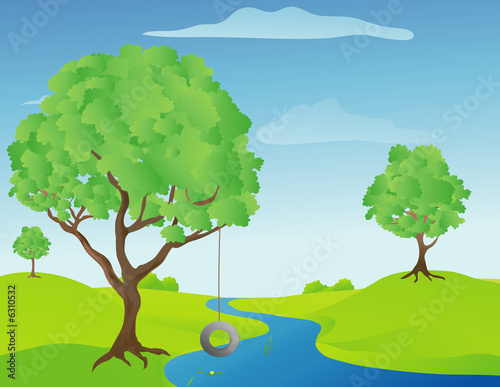 Illustration of a tree swing by a stream 